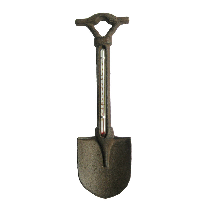 Decorative cast iron spade thermometer. detail page